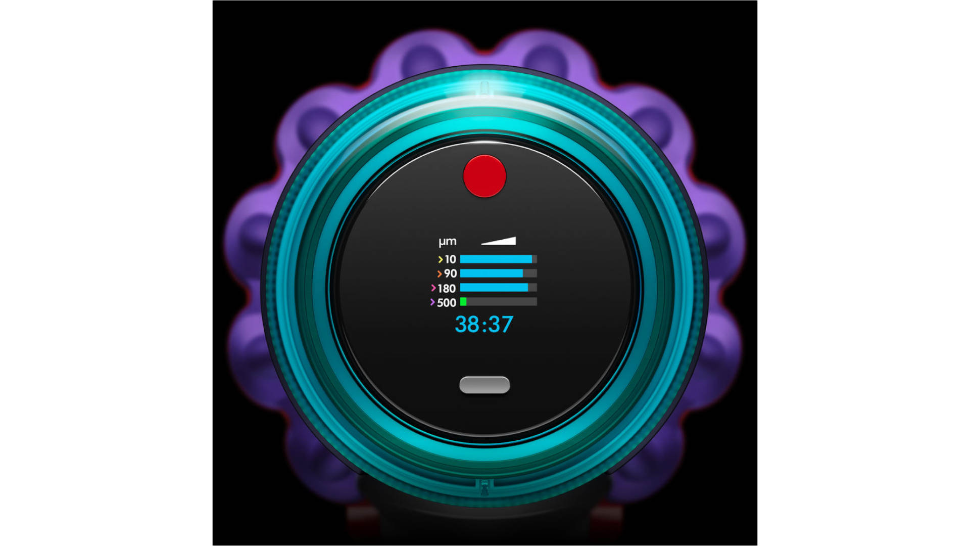 Een close-up van een stofzuiger met een blauwe rand en een zwart scherm met witte en blauwe grafieken.