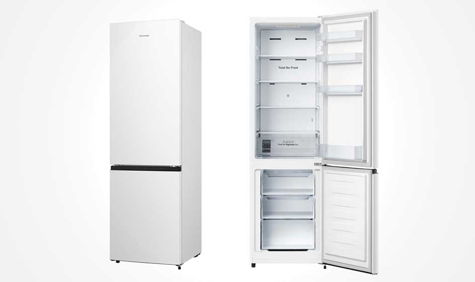 A white fridge freezer stands beside an open model, with empty glass shelves, door compartments and spacious freezer drawers on a white background.