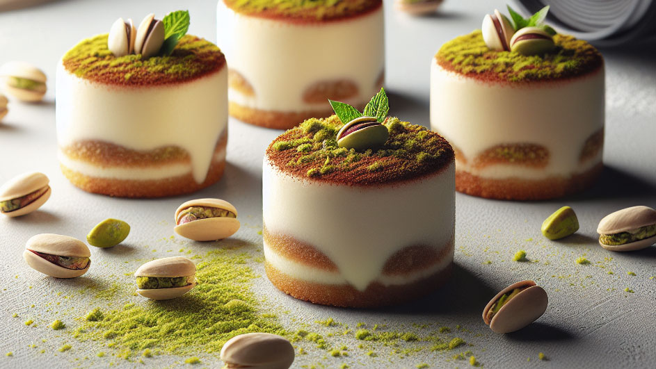 Vier pistachetaartjes met groene pistachenoten en -kruimels op een grijze ondergrond.