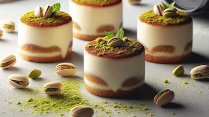 Vier pistachetaartjes met groene pistachenoten en -kruimels op een grijze ondergrond.