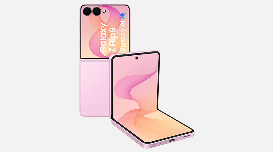 Samsung Galaxy Z Flip8 in roze uitvoering, half opengevouwen en dichtgeklapt getoond.