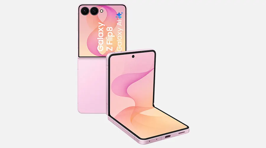Samsung Galaxy Z Flip8 in roze uitvoering, half opengevouwen en dichtgeklapt getoond.
