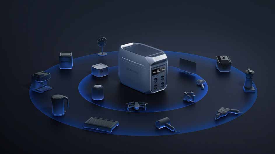 Draagbare stroomvoorziening centraal, omringd door apparaten op een donker oppervlak met blauwe accenten.