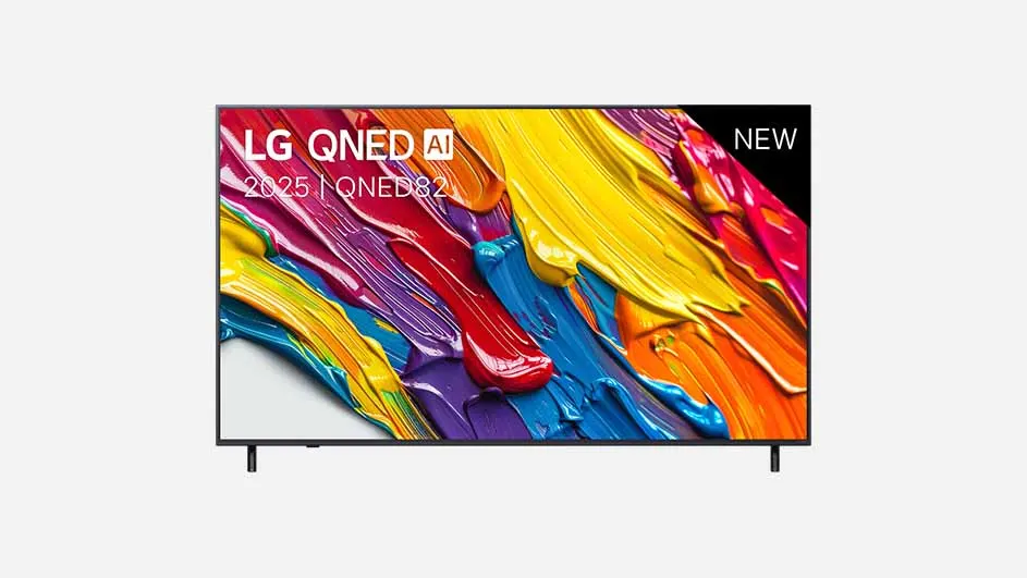 LG QNED-televisie met een kleurrijk verfachtig abstract beeld op het scherm, gezien van voren.