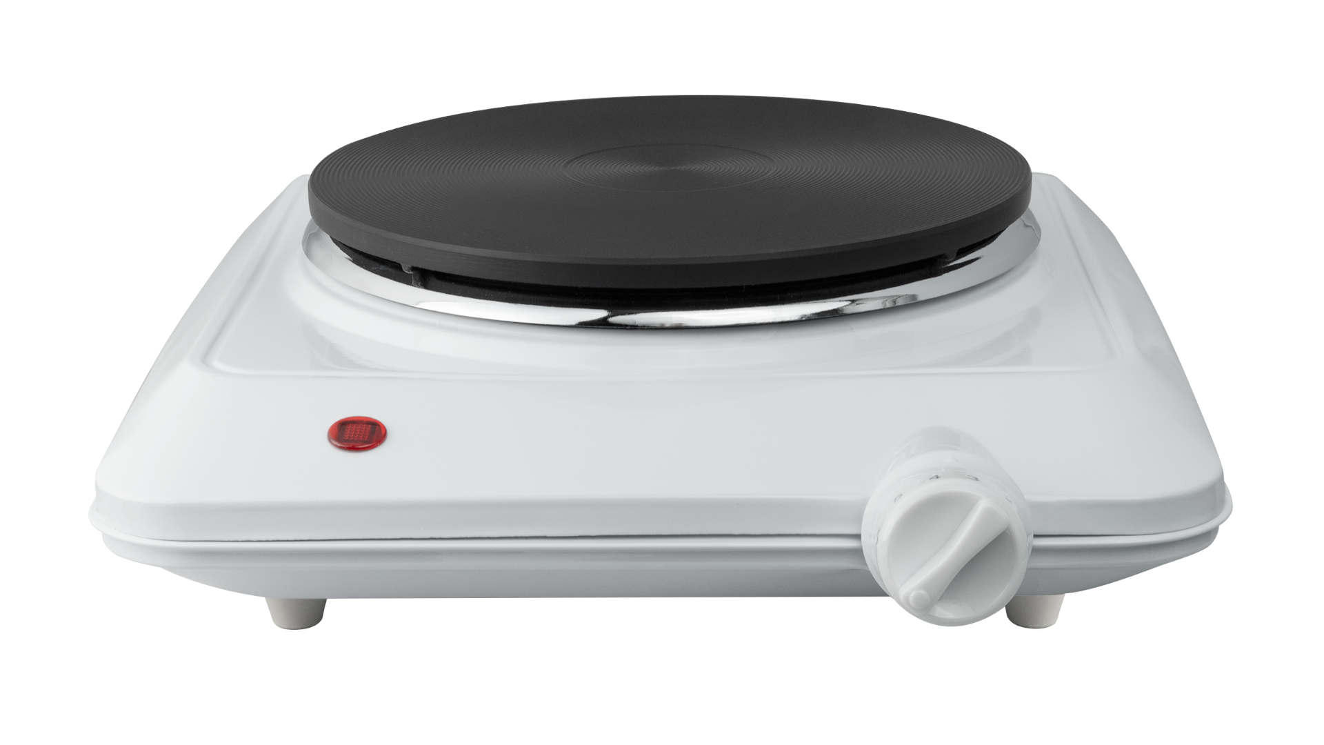 Een wit elektrisch kookplaatje met een zwarte kookplaat, een rode indicator en een witte draaiknop, staat op een witte achtergrond.