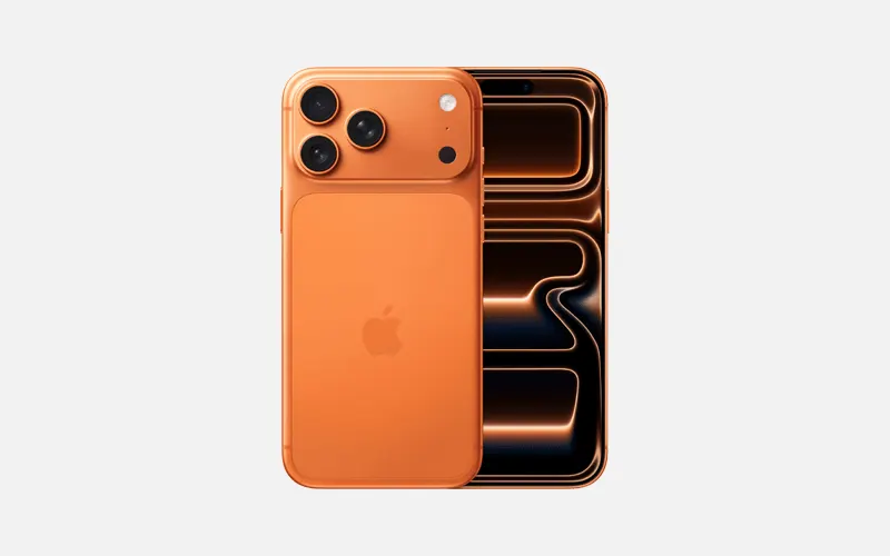 Oranje smartphone voor- en achterkant, scherm met donkere neonachtige lijnen.
