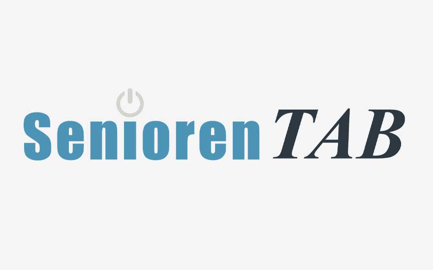 SeniorenTAB logo in blue and dark tones with a subtle power symbol, highlighting simple, accessible technology for older users.
