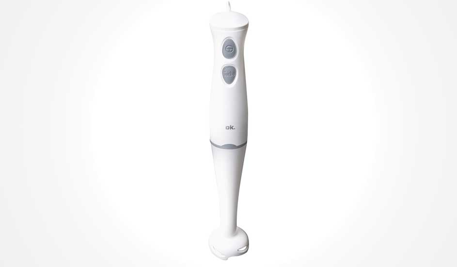 White ok. hand blender with slim ergonomic handle and two grey buttons, shown upright against a plain soft light background.