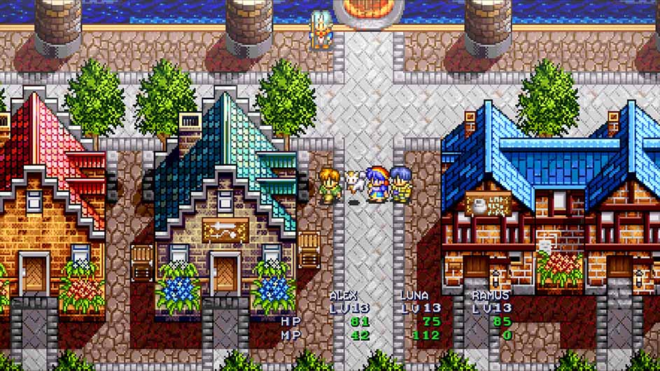 Pixel art toont een stadsgezicht met stenen gebouwen met gekleurde daken en personages die op een pad staan.