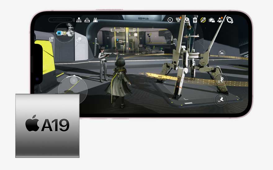 Een iPhone in landschapsmodus toont een futuristisch videogame scène, met een personage en robot, plus een Apple A19 chip icoon links.
