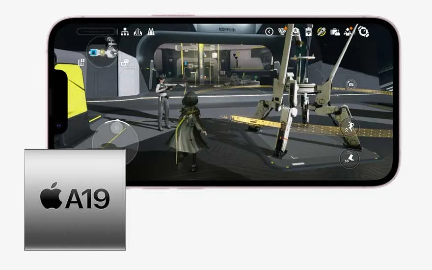 Een iPhone in landschapsmodus toont een futuristisch videogame scène, met een personage en robot, plus een Apple A19 chip icoon links.