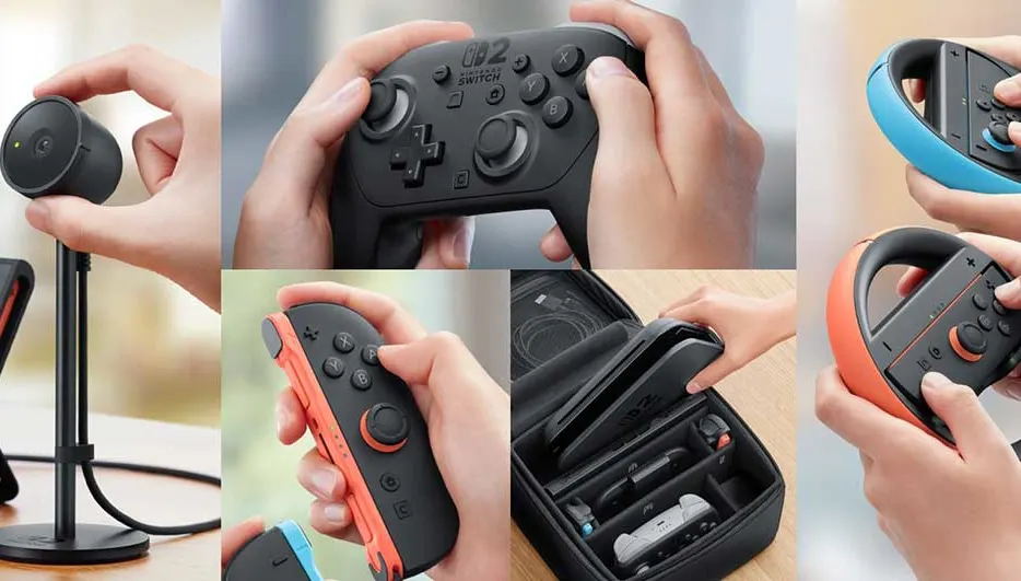 Gaming accessoire collectie: Switch controllers, oplaadstation, streaming standaard en oordopjes in een draagbare opbergkoffer.
