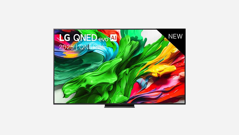 LG QNED-televisie met een felgekleurd abstract beeld op het scherm, gezien van voren.