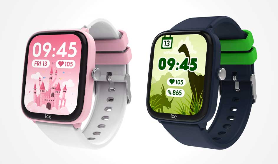 Two smartwatches side by side: pink watch with castle display on left, navy-green watch with dinosaur display on right.