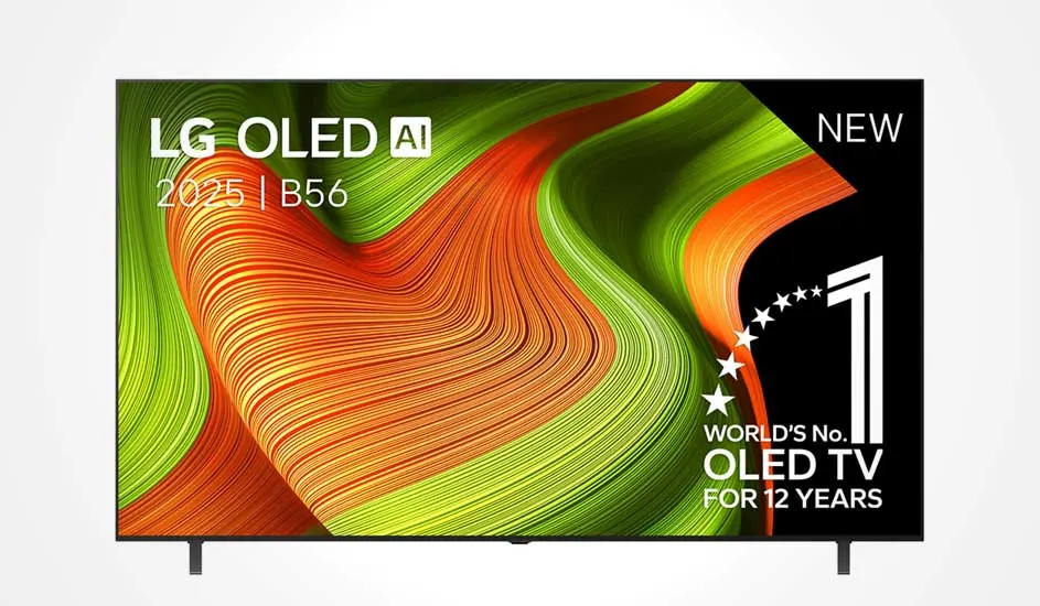 Een LG OLED AI TV met kleurrijk, abstract scherm. Op het display staat “2025 B56”, “NEW” en “World’s No. 1 OLED TV for 12 years”.