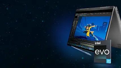 Laptop met beeldbewerking software en een Intel Evo i7 logo, op een donkerblauwe achtergrond met lichteffecten.