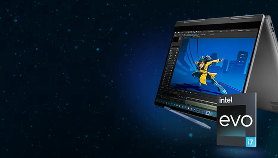 Laptop met beeldbewerking software en een Intel Evo i7 logo, op een donkerblauwe achtergrond met lichteffecten.