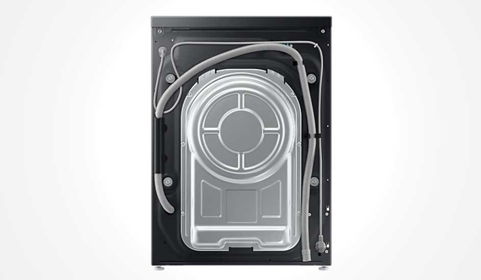 This is the back of a Samsung washing machine, showing metal panel, water hoses, and cable neatly arranged around the central area.