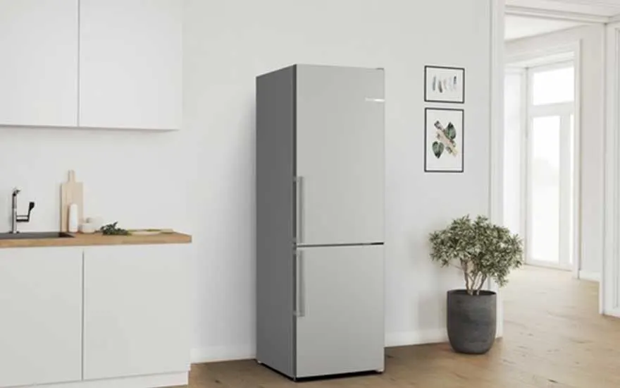 Strakke lichte keuken met vrijstaande zilverkleurige koel-vriescombinatie, plant in pot en twee kleine ingelijste posters aan de muur.