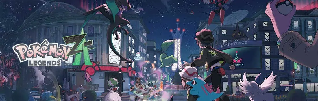 Een nachtelijke stad, trainers en Pokémon vullen de straat, met Rayquaza die boven de gebouwen zweeft. Pokémon Legends-logo zichtbaar.