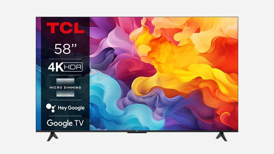 Vooraanzicht van een TCL Google TV met een kleurrijk abstract patroon op het scherm.