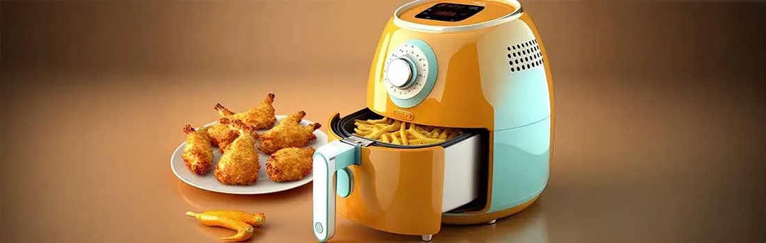 Crispy chicken pieces sit near an open orange air fryer with fries. Two yellow peppers lie below on a brown surface.