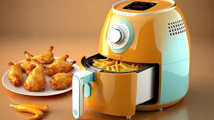 Een gele en blauwe airfryer met friet, een bord met gefrituurde kippenvleugels en twee andere stukken.