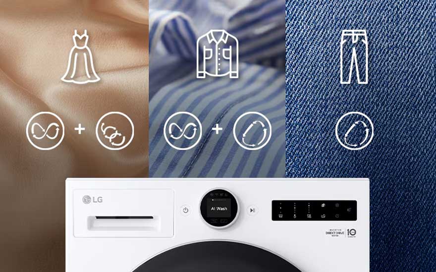 Beeld van AI Wash toont verschillende stoffen zoals zijde, strepen en denim, met pictogrammen voor kledingsoorten en verzorging.