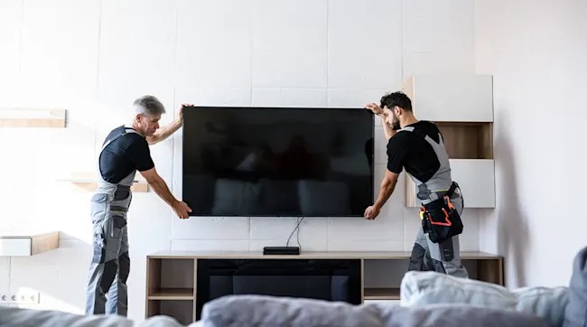 Two workers in gray overalls mount a flat-screen TV on a white wall above a wooden cabinet with shelves.