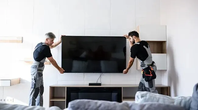 Two workers in gray overalls mount a flat-screen TV on a white wall above a wooden cabinet with shelves.