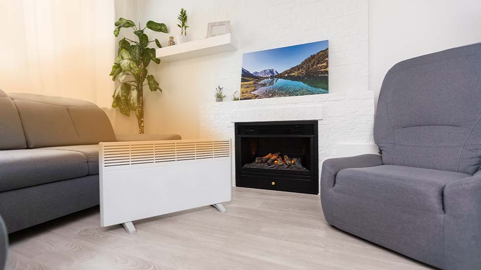 Woonkamer met een grijze bank en fauteuil, een witte radiator, en een open haard met een foto van een berglandschap erboven.