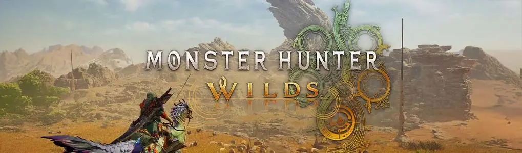 Landschap met "Monster Hunter Wilds" tekst. Voorgrond: ruiter op een dier. Achtergrond: bergen en rotsformaties.