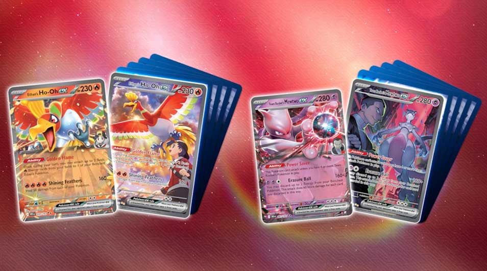 Een rode achtergrond met glanzende ruilkaarten, waarop kleurrijke wezens en trainers staan, gerangschikt in twee overlappende stapels.