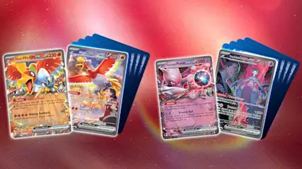 Een rode achtergrond met glanzende ruilkaarten, waarop kleurrijke wezens en trainers staan, gerangschikt in twee overlappende stapels.