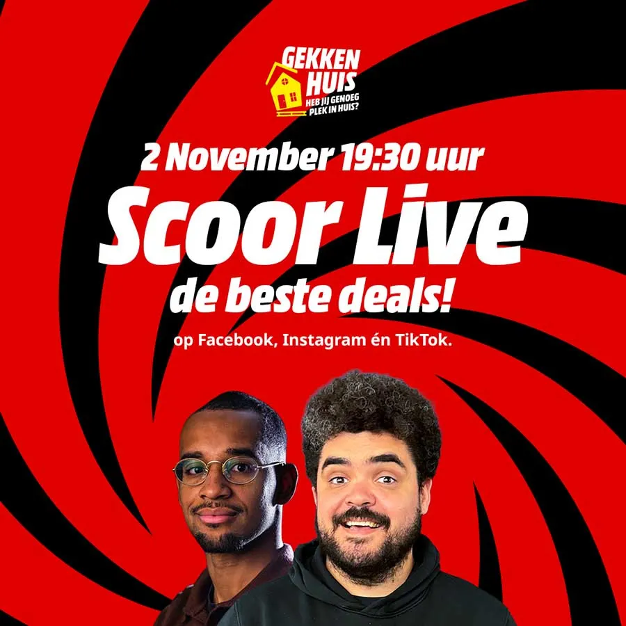 Promotieafbeelding met rode en zwarte spiraal en tekst “2 November 19:30 uur Scoor Live de beste deals! op Facebook, Instagram én TikTok.” Bovenin staat het Gekkenhuis-logo; onderaan twee presentatoren in beeld.