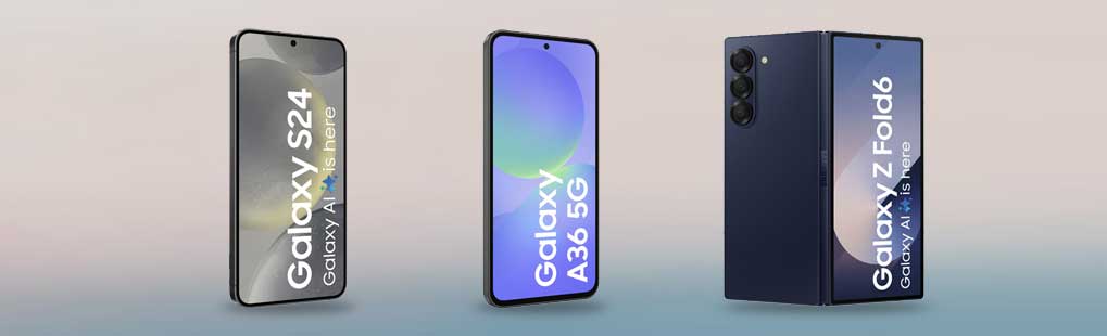 Drie Samsung-smartphones: de Galaxy S24, Galaxy A36 5G en de opvouwbare Galaxy Z Fold6. Allemaal strak en modern vormgegeven.