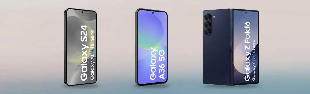 Drie Samsung-smartphones: de Galaxy S24, Galaxy A36 5G en de opvouwbare Galaxy Z Fold6. Allemaal strak en modern vormgegeven.