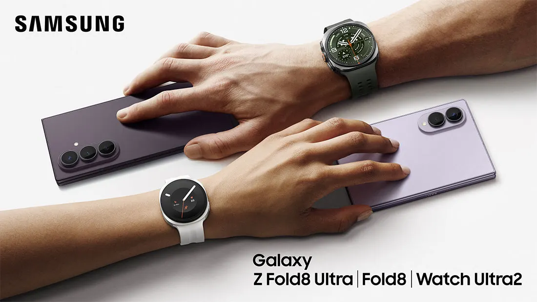 Samsung-banner met twee Galaxy Z Fold-smartphones en twee smartwatches, met tekst voor Galaxy Z Fold8 Ultra, Fold8 en Watch Ultra2.