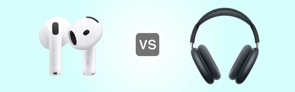 Links zie je witte Apple-oordopjes, rechts grijze over-ear koptelefoon; in het midden staat een grijze “VS”-knop op blauwe achtergrond.