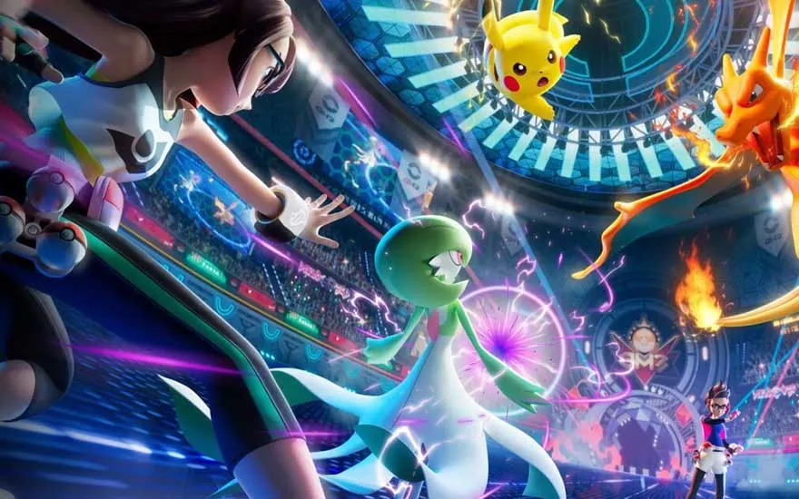 Inside a futuristic stadium, several Pokémon clash under vivid lights, with a dynamic trainer on the left and Pikachu hovering above the glowing arena.