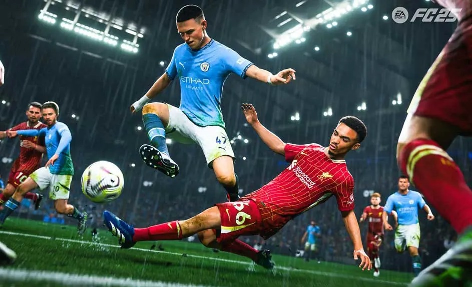 Op de afbeelding zie je een intens voetbalmoment uit het spel EA Sports FC 25, met spelers van Manchester City en Liverpool in actie op het veld.