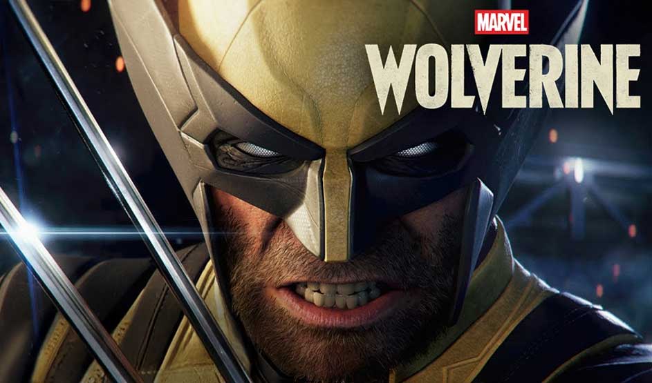 Videogame: Close-up van een gemaskerde superheld met gele helm en gespannen blik; metalen klauwen glanzen, met het MARVEL/WOLVERINE-logo rechtsboven.