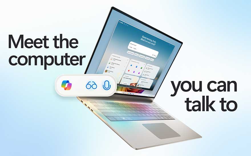 Lichtgevende laptop met open scherm vol widgets en pictogrammen, met daarnaast de tekst “Meet the computer you can talk to”.