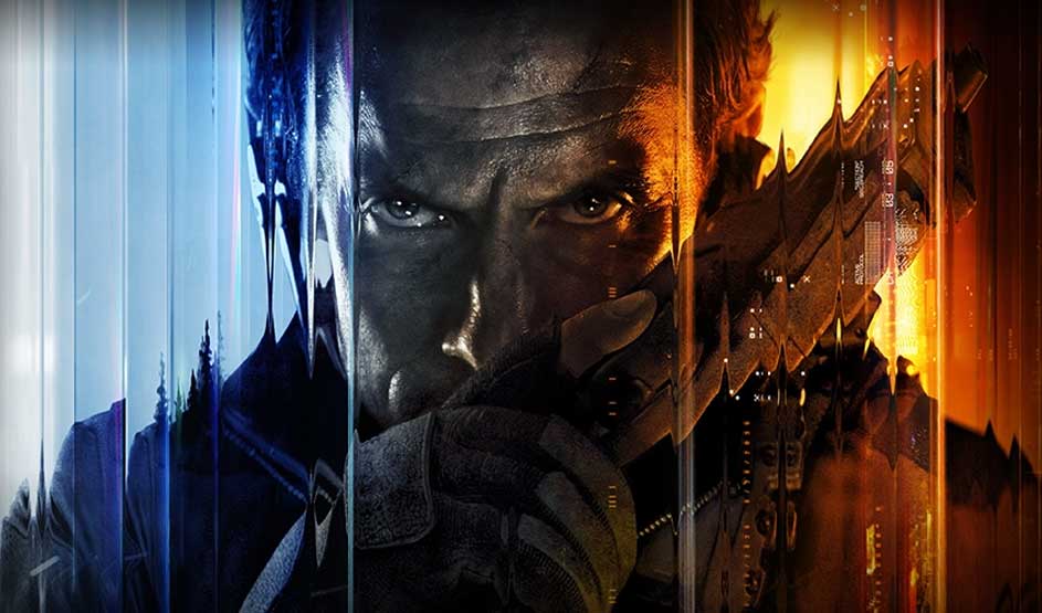 De afbeelding toont een contrast tussen een blauwe, ijzige wereld links en een warme, oranje wereld rechts uit de game Deus Ex. Het merk Deus Ex is zichtbaar.