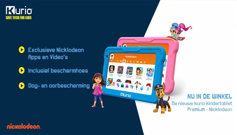 Twee tablets, een blauwe en een roze, met Nickelodeon-personages, Dora en een Paw Patrol-hond, op een blauwe en witte achtergrond.