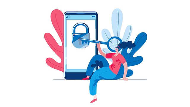 Een illustratie van een vrouw die een sleutel in een slot op een smartphone steekt, met bladeren op de achtergrond.