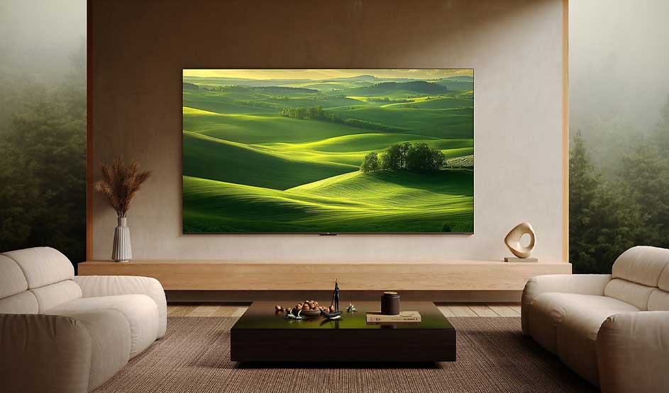 Een moderne woonkamer met grote wandmontage-tv toont groene landschapsfoto. Twee witte fauteuils, zwarte tafel, beige decoratie. Minimalistische inrichting met natuurlijke, rustieke sfeer en toneelkozijn.