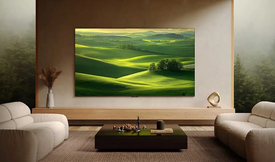 Een moderne woonkamer met grote wandmontage-tv toont groene landschapsfoto. Twee witte fauteuils, zwarte tafel, beige decoratie. Minimalistische inrichting met natuurlijke, rustieke sfeer en toneelkozijn.