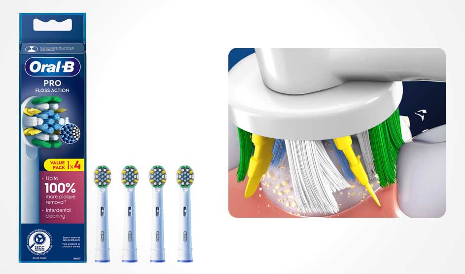 Oral-B PRO FLOSS ACTION verpakking met 4 opzetborstels en close-up van de borstelkop met gekleurde borstelharen.