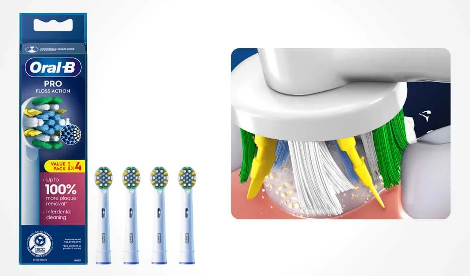 Oral-B PRO FLOSS ACTION verpakking met 4 opzetborstels en close-up van de borstelkop met gekleurde borstelharen.